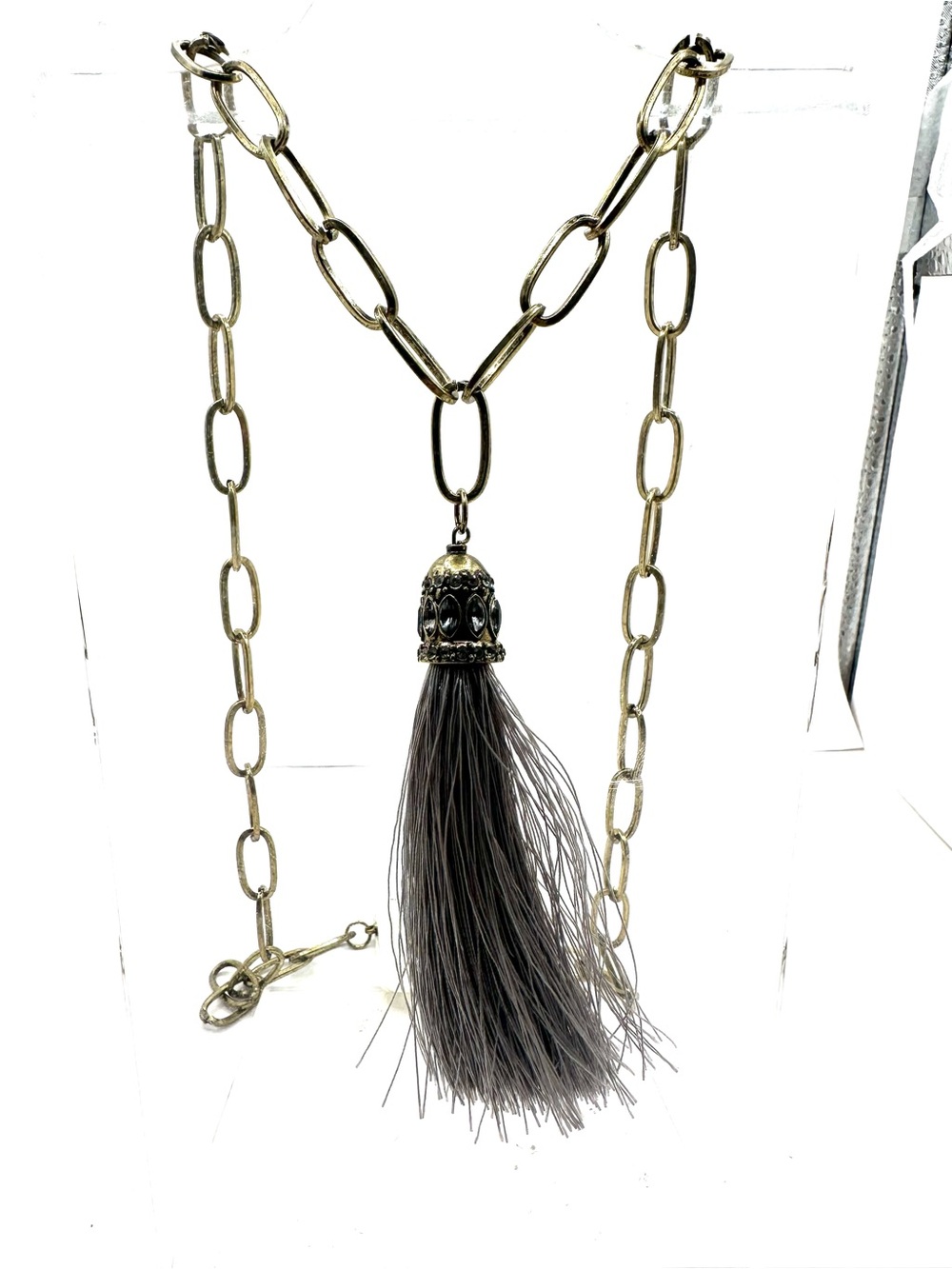 Fashion: Gold Chain Necklace with Gray Tassel